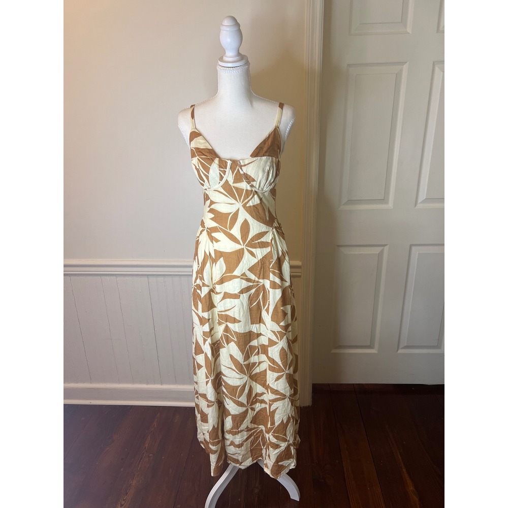 Lulus Tropical Leaf Print Bustier Midi Dress Tan‎ Cream Linen Blend Summer S - Picture 6 of 14